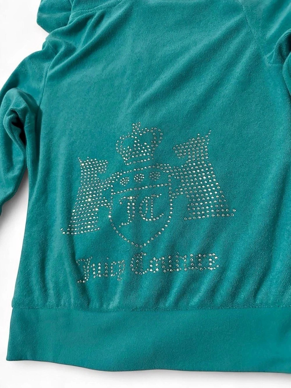 Juicy Couture Girls Size 7 Y2K Rhinestone Terry Zip Hoodie Turquoise - Picture 4 of 5